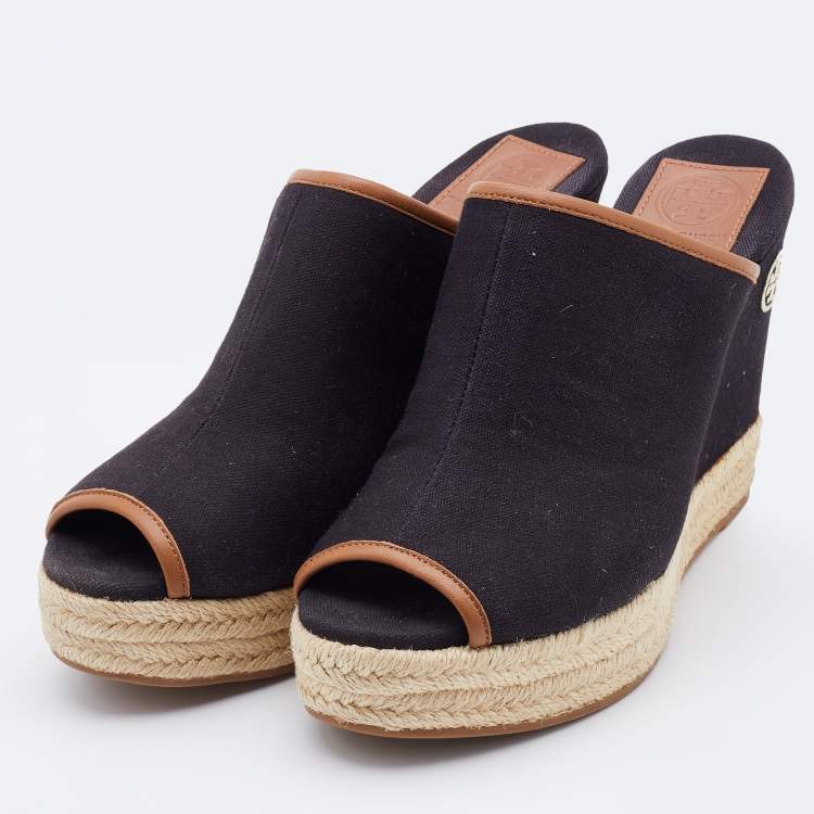 Pre Owned Tory Burch Black Canvas Wedge Open Toe Sandals Size 38