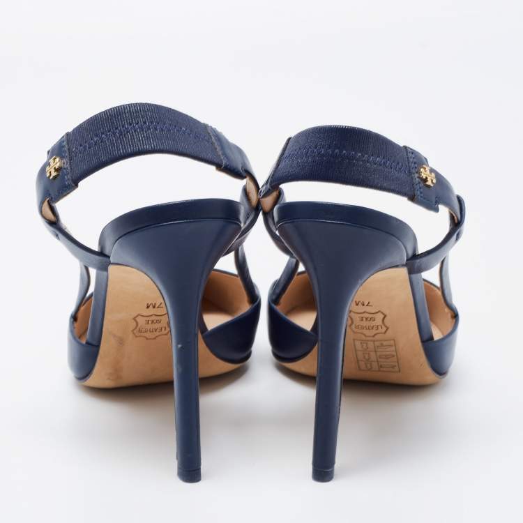 Pre Owned Tory Burch Navy Blue Leather Pointed Toe Slingback Pumps Size 37.5