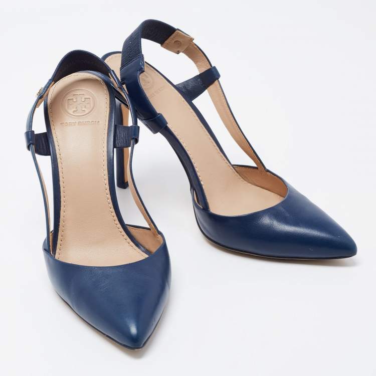 Pre Owned Tory Burch Navy Blue Leather Pointed Toe Slingback Pumps Size 37.5