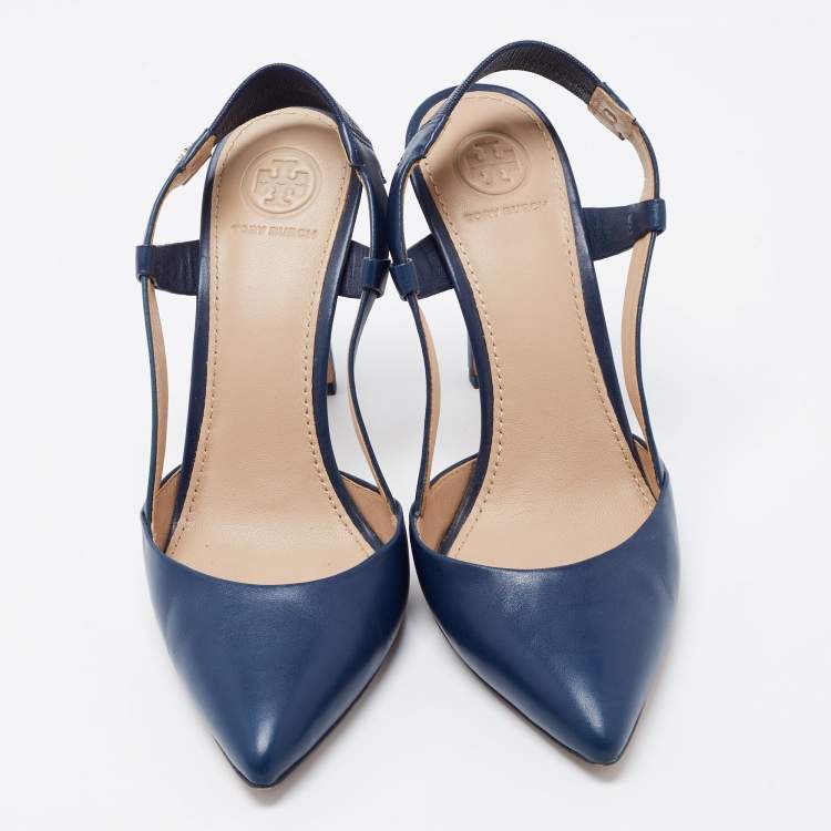 Pre Owned Tory Burch Navy Blue Leather Pointed Toe Slingback Pumps Size 37.5