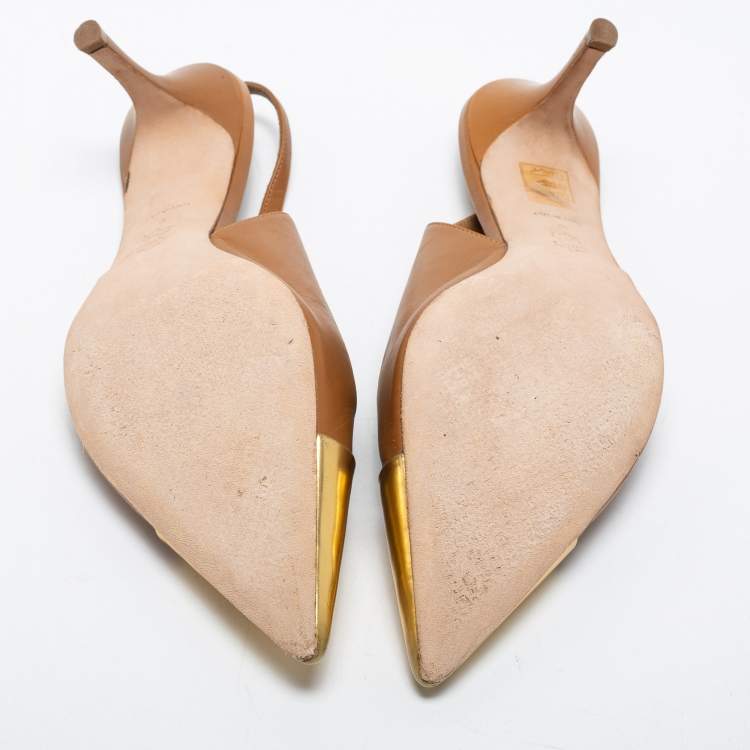 Pre Owned Tory Burch Tan/Gold Leather Penelope Slingback Pumps Size 39.5