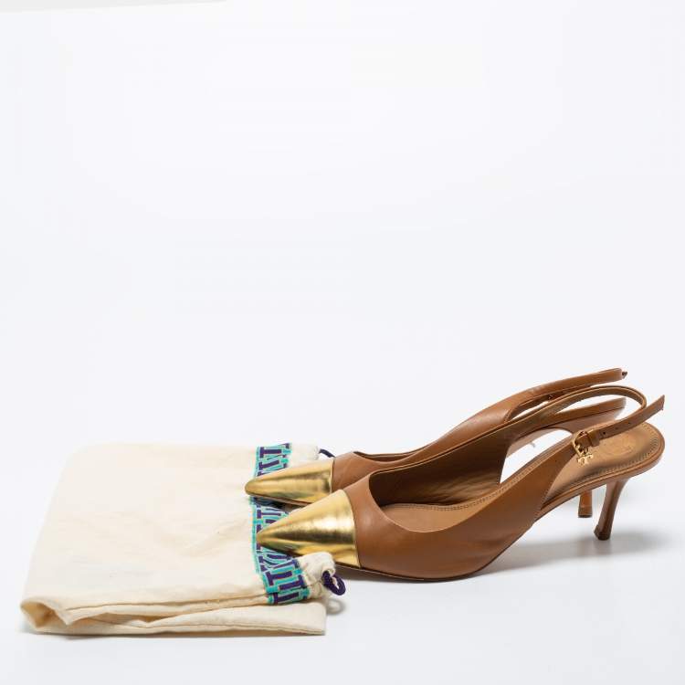 Pre Owned Tory Burch Tan/Gold Leather Penelope Slingback Pumps Size 39.5