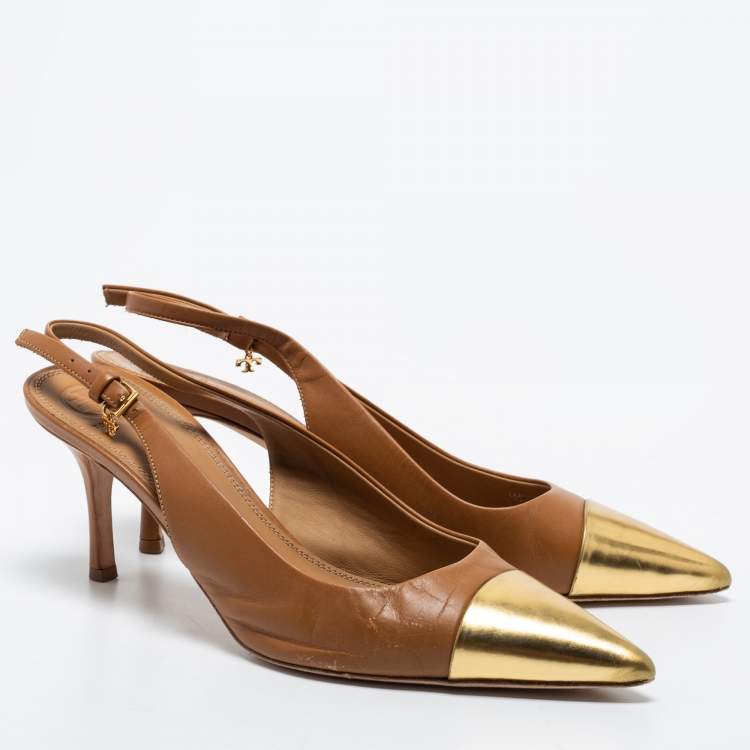 Pre Owned Tory Burch Tan/Gold Leather Penelope Slingback Pumps Size 39.5