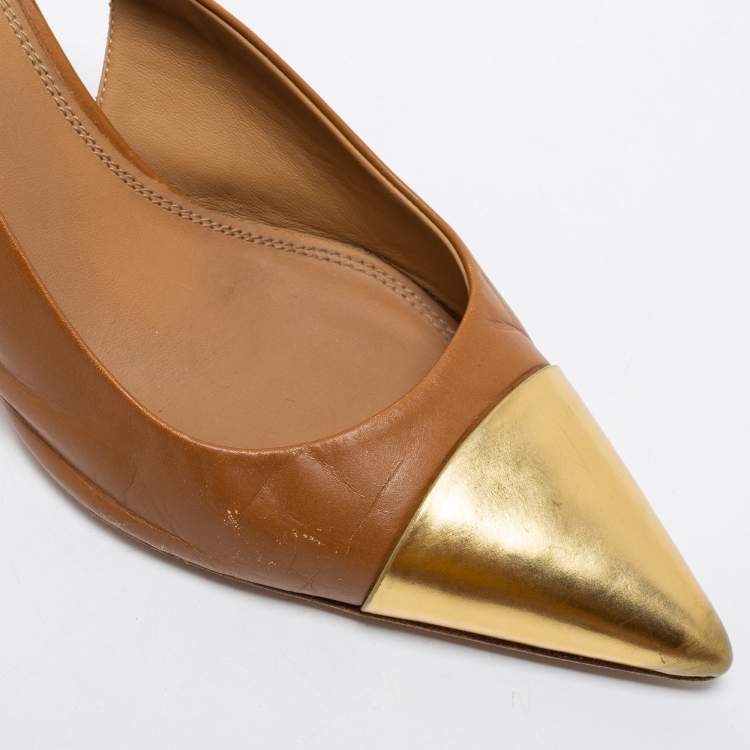 Pre Owned Tory Burch Tan/Gold Leather Penelope Slingback Pumps Size 39.5