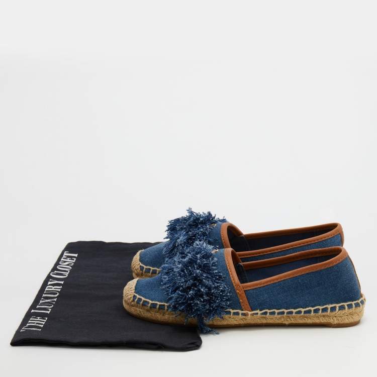 Pre Owned Tory Burch Navy Blue Denim Shaw Fringe Espadrille Flats Size 36
