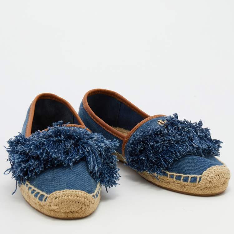 Pre Owned Tory Burch Navy Blue Denim Shaw Fringe Espadrille Flats Size 36