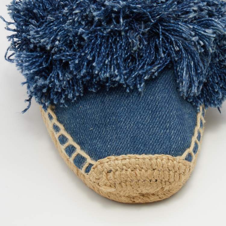 Pre Owned Tory Burch Navy Blue Denim Shaw Fringe Espadrille Flats Size 36