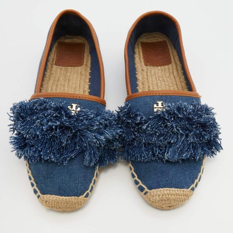 Pre Owned Tory Burch Navy Blue Denim Shaw Fringe Espadrille Flats Size 36