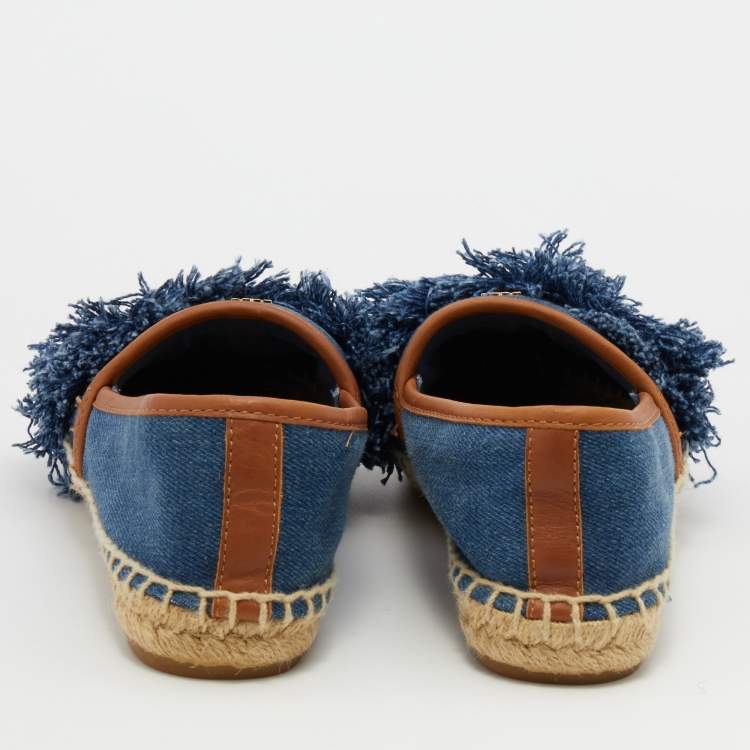 Pre Owned Tory Burch Navy Blue Denim Shaw Fringe Espadrille Flats Size 36