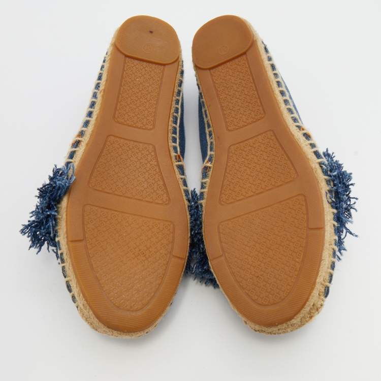 Pre Owned Tory Burch Navy Blue Denim Shaw Fringe Espadrille Flats Size 36