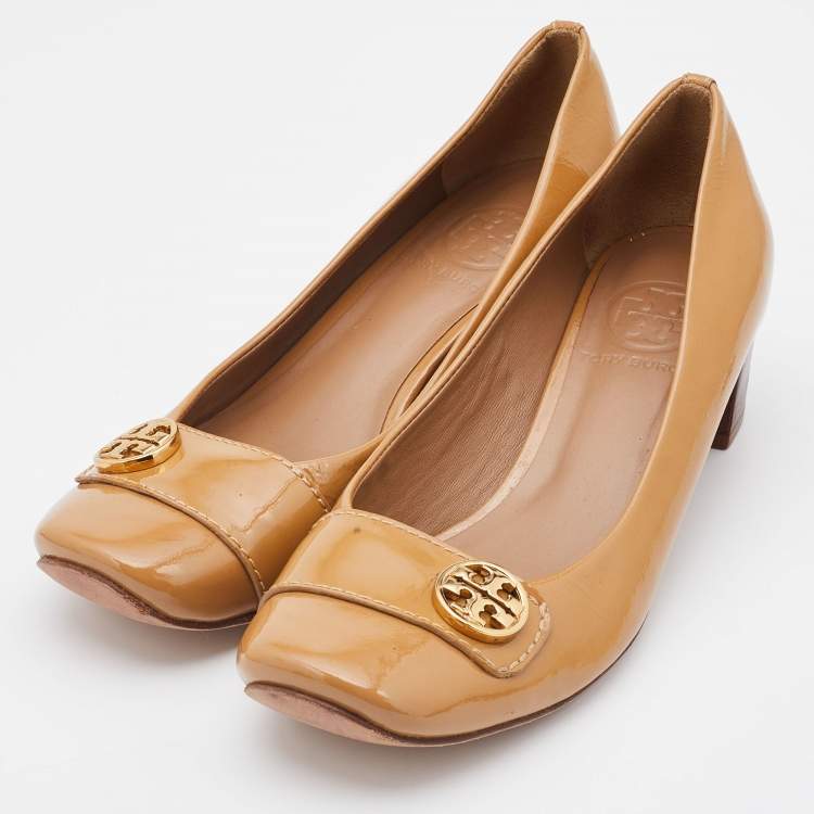 Pre Owned Tory Burch Light Brown Patent Leather Marion Block Heel Pumps Size 36.5