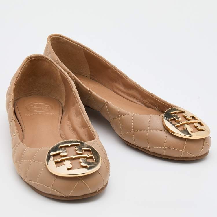 Pre Owned Tory Burch Beige Quilted Leather Quinn Ballet Flats Size 37