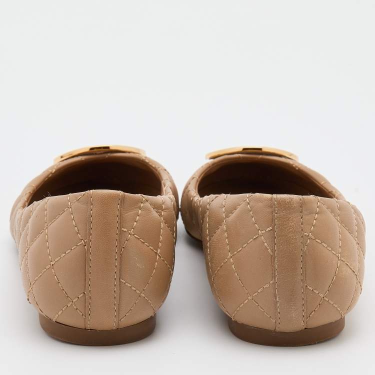 Pre Owned Tory Burch Beige Quilted Leather Quinn Ballet Flats Size 37