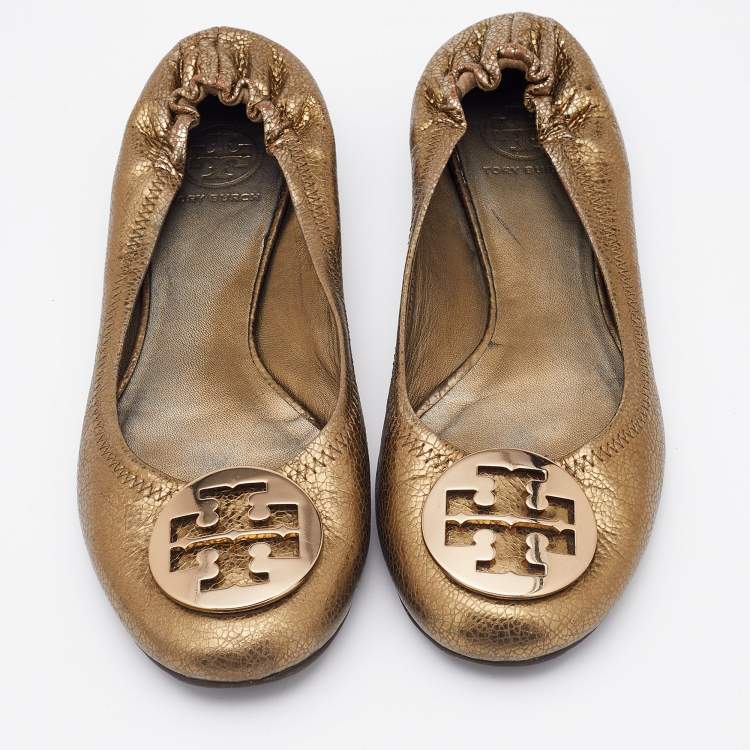 Pre Owned Tory Burch Gold Leather Minnie Scrunch Ballet Flats Size 39.5
