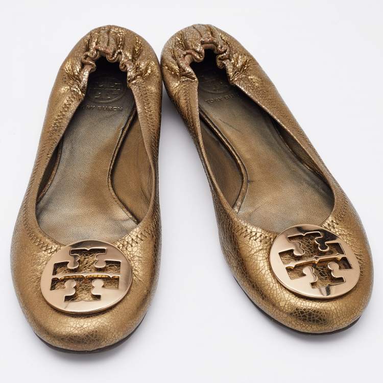 Pre Owned Tory Burch Gold Leather Minnie Scrunch Ballet Flats Size 39.5