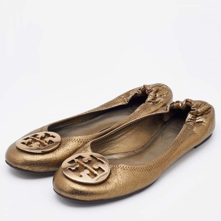 Pre Owned Tory Burch Gold Leather Minnie Scrunch Ballet Flats Size 39.5