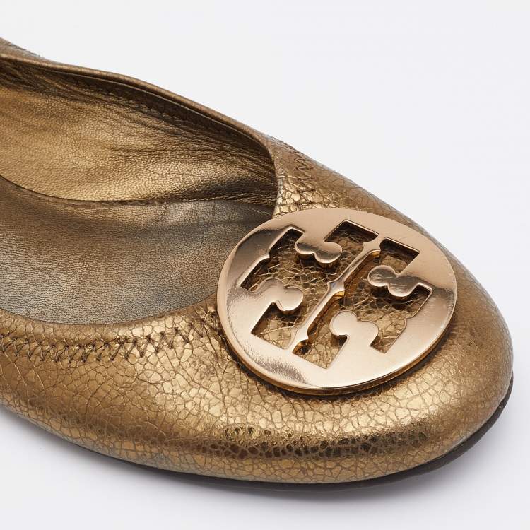 Pre Owned Tory Burch Gold Leather Minnie Scrunch Ballet Flats Size 39.5