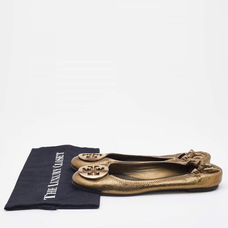 Pre Owned Tory Burch Gold Leather Minnie Scrunch Ballet Flats Size 39.5