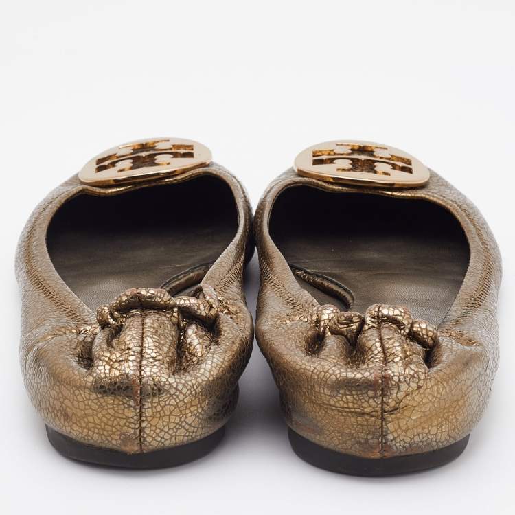 Pre Owned Tory Burch Gold Leather Minnie Scrunch Ballet Flats Size 39.5