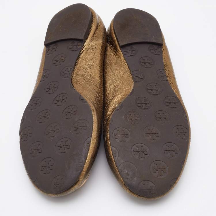 Pre Owned Tory Burch Gold Leather Minnie Scrunch Ballet Flats Size 39.5