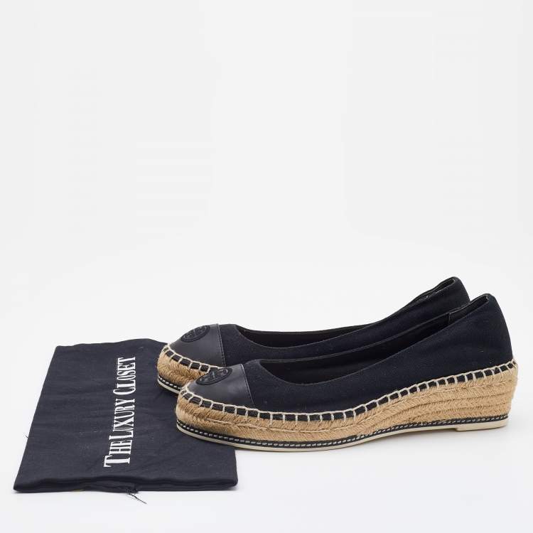 Pre Owned Tory Burch Black Canvas and Leather Espadrille Platform Wedge Pumps Size 39