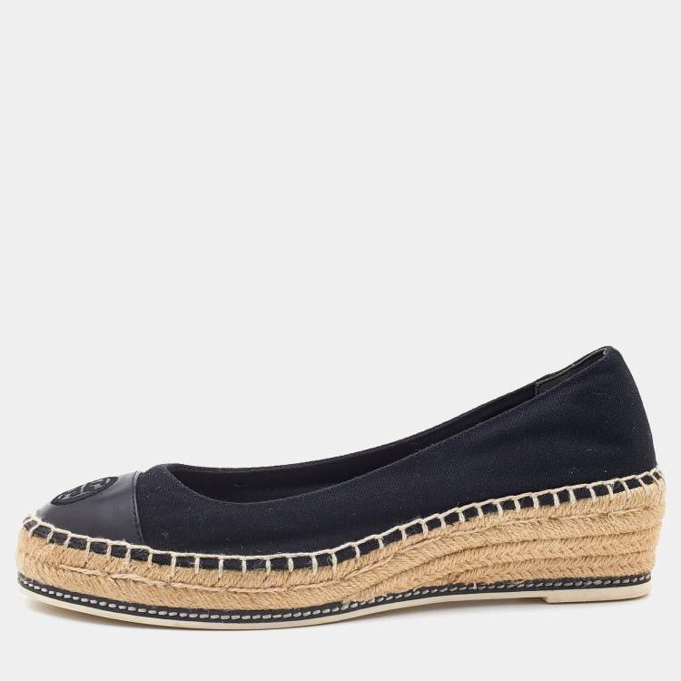 Pre Owned Tory Burch Black Canvas and Leather Espadrille Platform Wedge Pumps Size 39