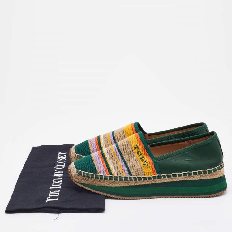 Pre Owned Tory Burch Multicolor Leather and Knit Fabric Daisy Logo Espadrille Slip On Sneakers Size 39.5