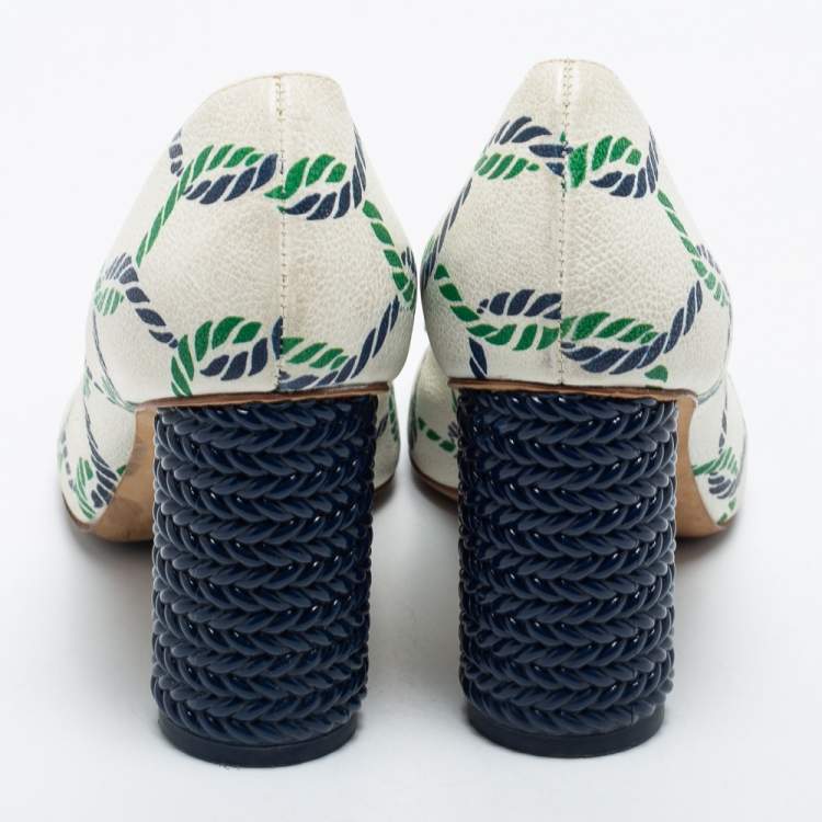 Pre Owned Tory Burch Tricolor Printed Leather Maritime Pumps Size 38