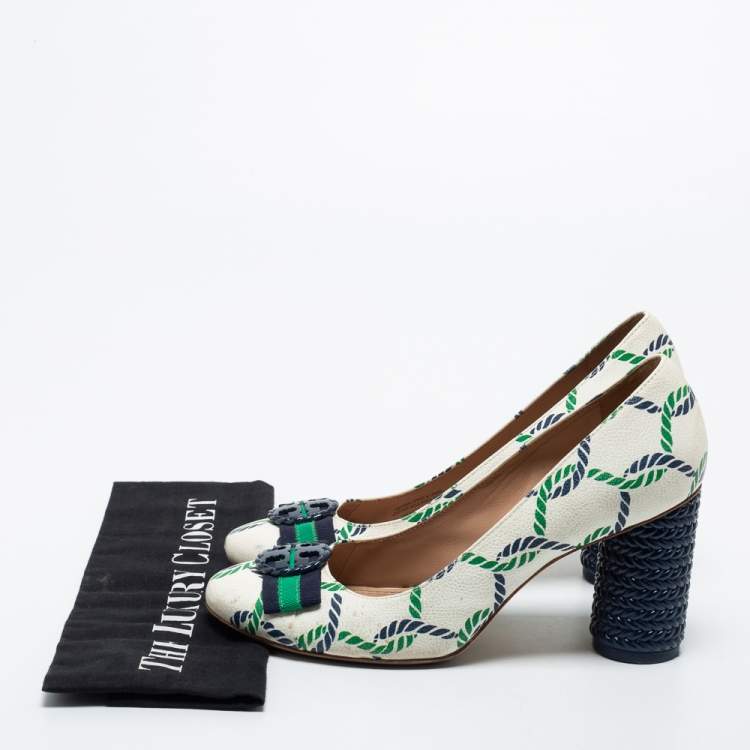 Pre Owned Tory Burch Tricolor Printed Leather Maritime Pumps Size 38