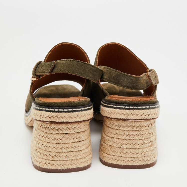 Pre Owned Tory Burch Olive Green Suede Espadrille Block Heel Slingback Sandals Size 40.5