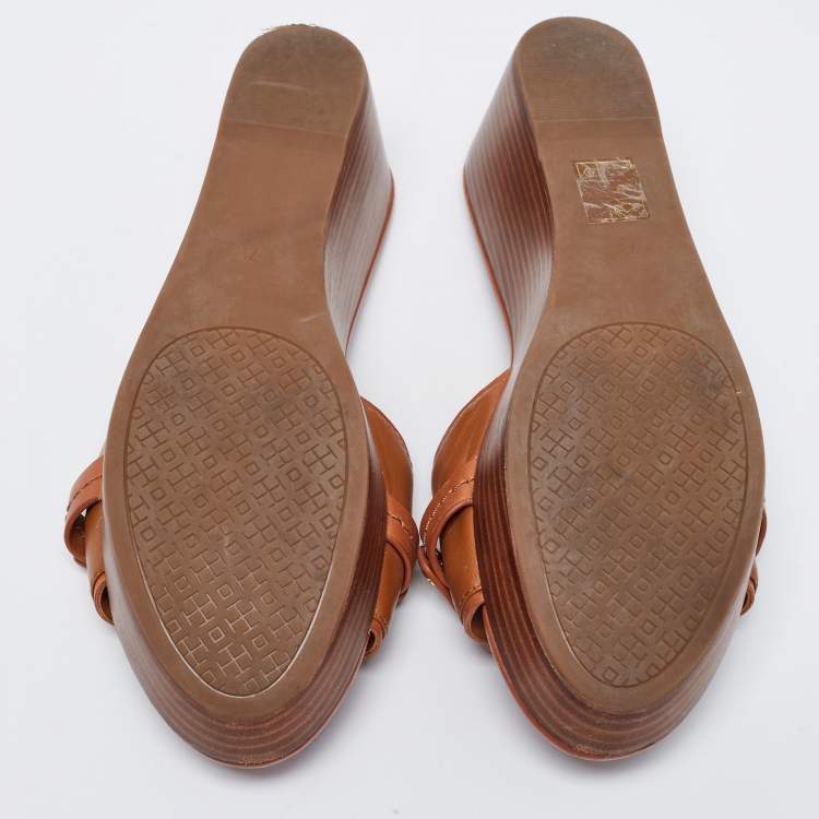 مملوكة مسبقًا Tory Burch Brown Leather Patti  Platform Sandals Size 37.5