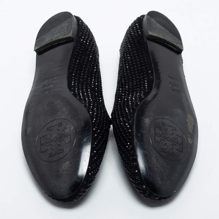 Pre Owned Tory Burch Black Crystal Embellished Suede Chandra Smoking Loafer Size 36.5 