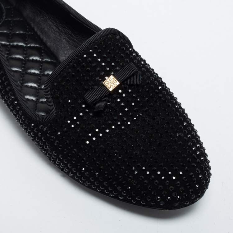 Pre Owned Tory Burch Black Crystal Embellished Suede Chandra Smoking Loafer Size 36.5 