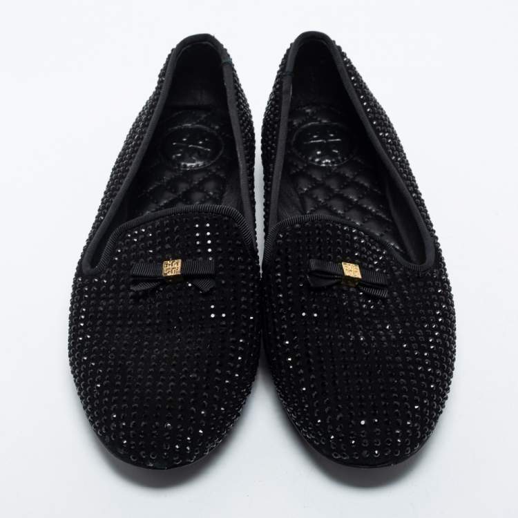 Pre Owned Tory Burch Black Crystal Embellished Suede Chandra Smoking Loafer Size 36.5 