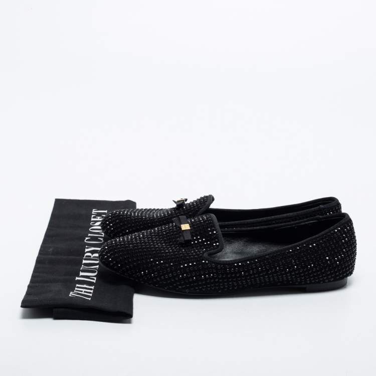 Pre Owned Tory Burch Black Crystal Embellished Suede Chandra Smoking Loafer Size 36.5 