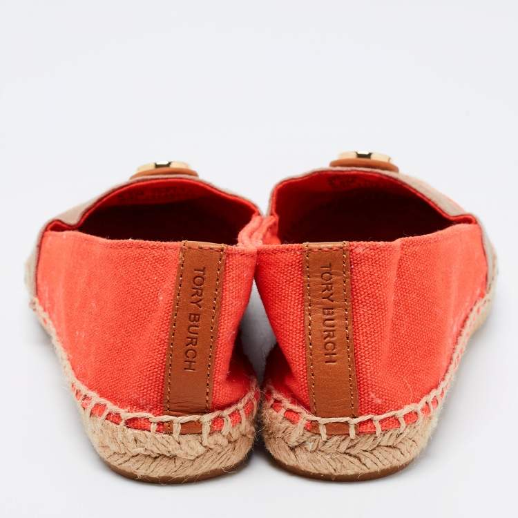 Pre Owned Tory Burch Orange/Beige Canvas Flat Espadrilles Size 36.5