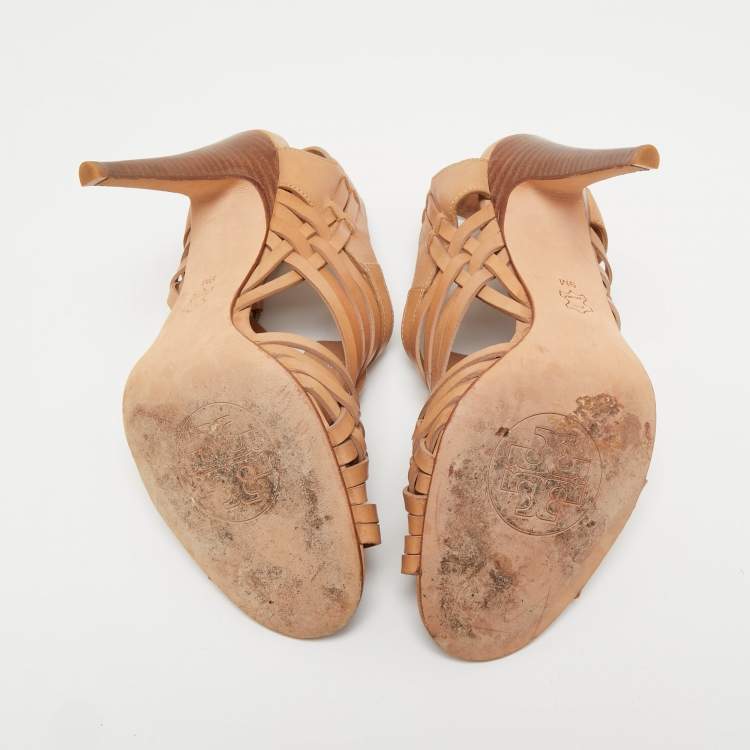 Pre Owned Tory Burch Tan Leather Open Toe  Ankle Strap Sandals Size 39
