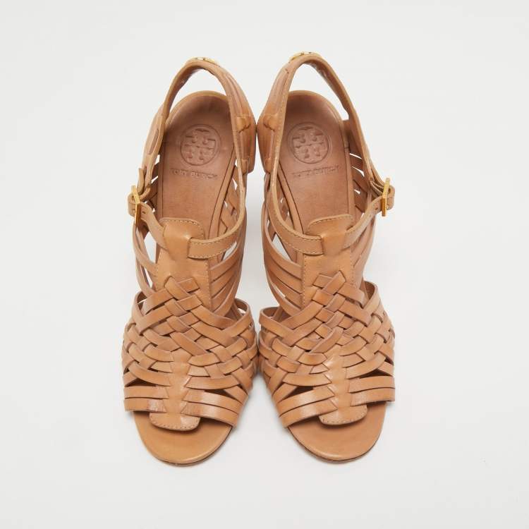 Pre Owned Tory Burch Tan Leather Open Toe  Ankle Strap Sandals Size 39