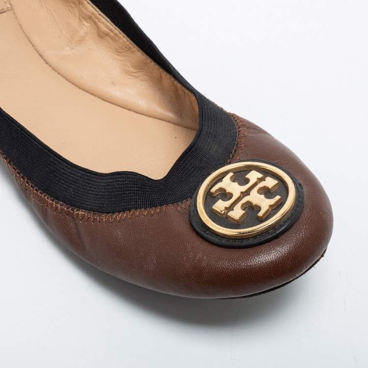 Pre Owned Tory Brown/Black Leather Caroline Ballet Flats Size 36.5