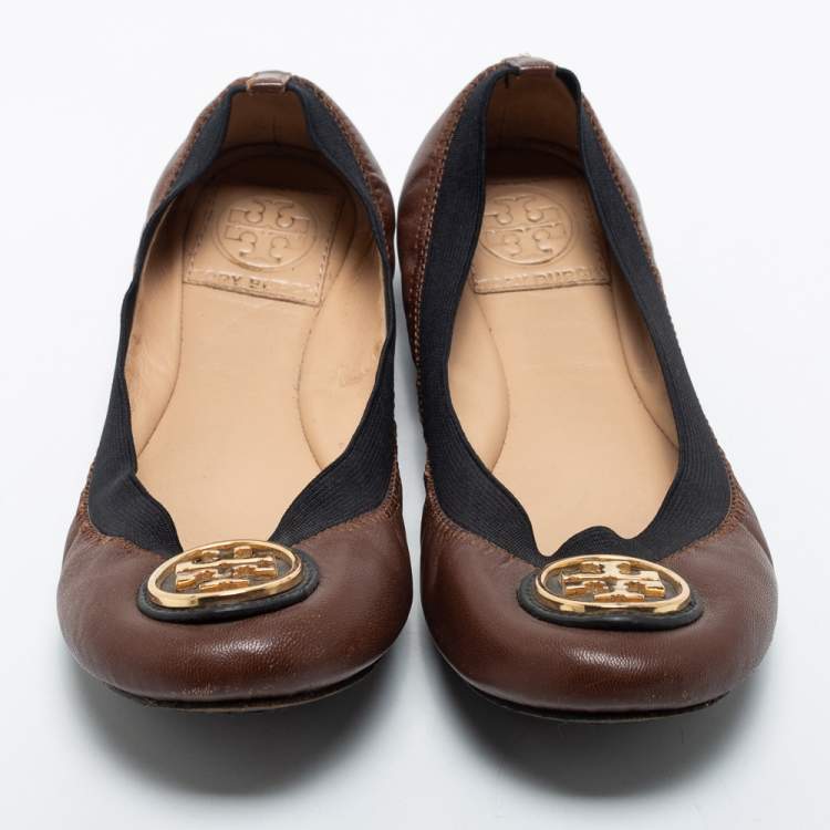 Pre Owned Tory Brown/Black Leather Caroline Ballet Flats Size 36.5