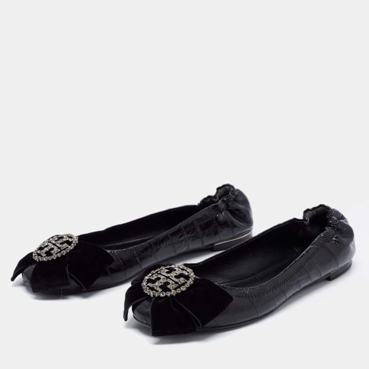 Pre Owned Tory Burch Black Leather Ballet Scrunch Flats Size 37.5