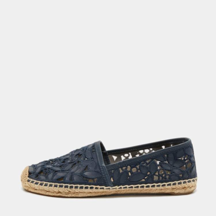 Pre Owned Tory Burch Navy Blue Mesh and Leather Trim Jacki Espadrille Flats Size 37