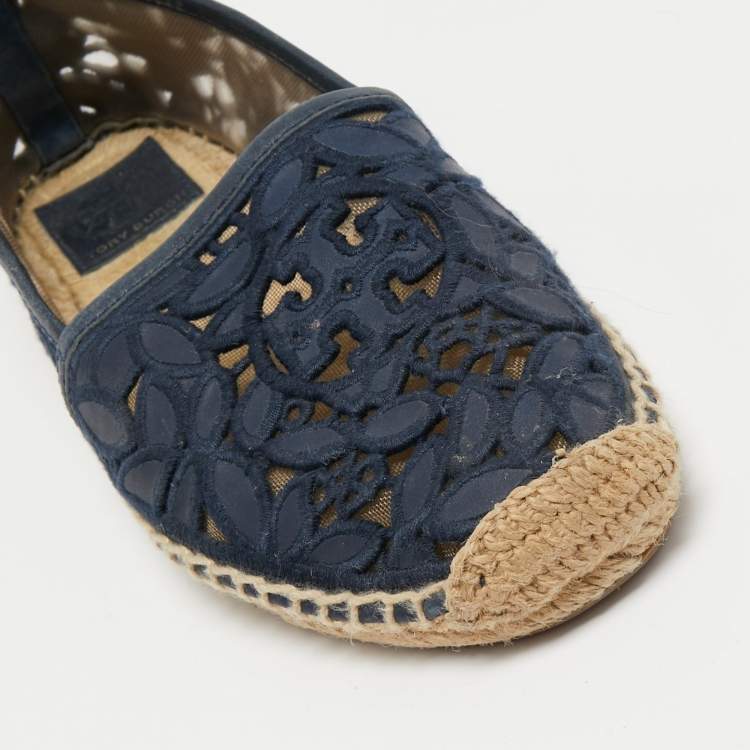 Pre Owned Tory Burch Navy Blue Mesh and Leather Trim Jacki Espadrille Flats Size 37