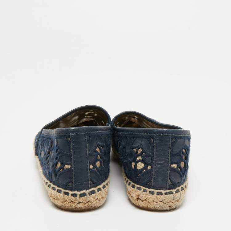 Pre Owned Tory Burch Navy Blue Mesh and Leather Trim Jacki Espadrille Flats Size 37