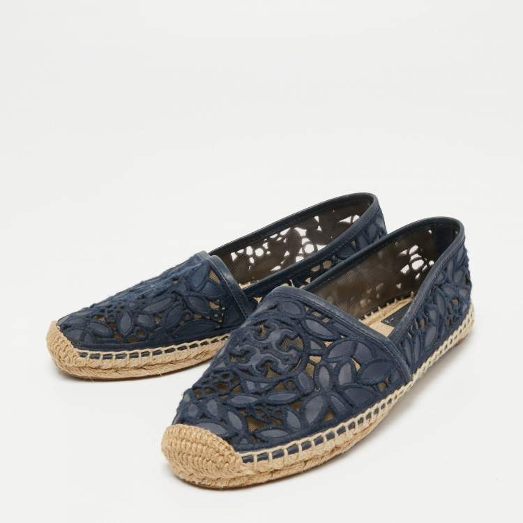 Pre Owned Tory Burch Navy Blue Mesh and Leather Trim Jacki Espadrille Flats Size 37