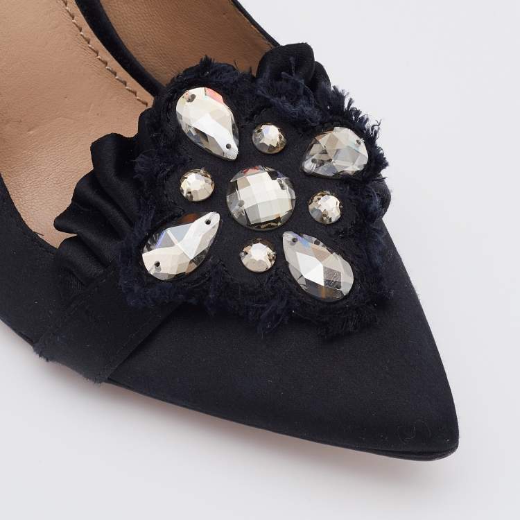 Pre Owned Tory Burch Black Satin Pleated Detail Crystal Embellished Pumps Size 35.5