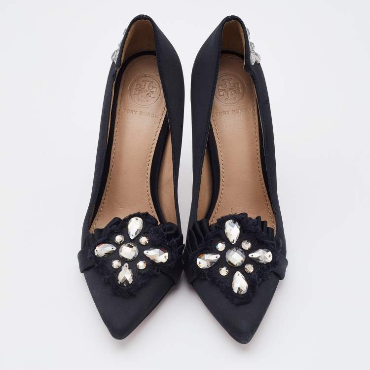 Pre Owned Tory Burch Black Satin Pleated Detail Crystal Embellished Pumps Size 35.5