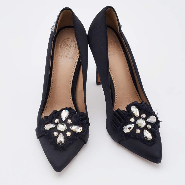 Pre Owned Tory Burch Black Satin Pleated Detail Crystal Embellished Pumps Size 35.5