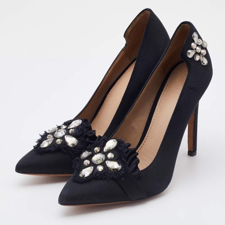 Pre Owned Tory Burch Black Satin Pleated Detail Crystal Embellished Pumps Size 35.5