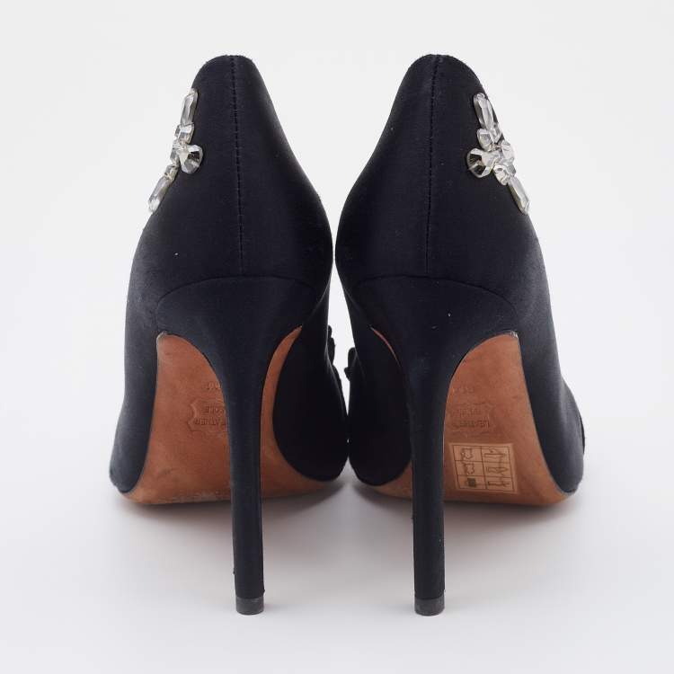 Pre Owned Tory Burch Black Satin Pleated Detail Crystal Embellished Pumps Size 35.5
